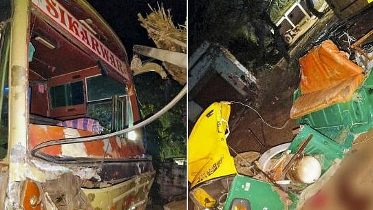 <div class="paragraphs"><p>The combo of pictures show the wreckage of the vehicles after a collision between a bus and an auto rickshaw, in Dholpur, Rajasthan, late Saturday night.&nbsp;</p></div>