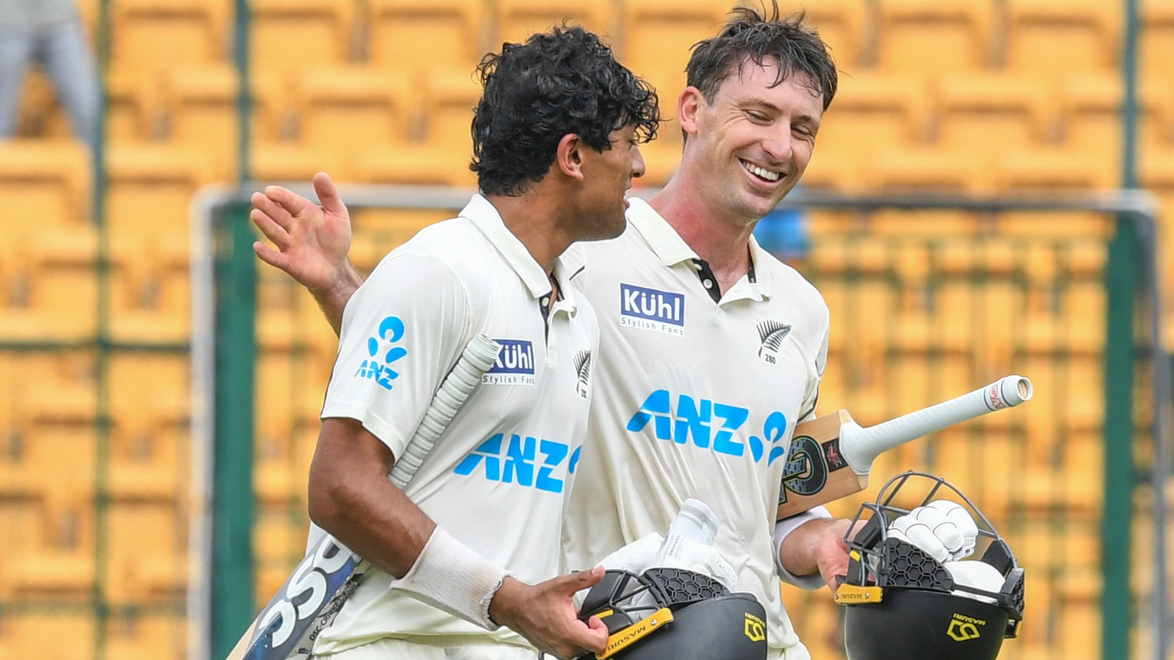 <div class="paragraphs"><p>New Zealand's Rachin Ravindra (left) and Will Young celebrate their win over India in the first Test at the Chinnaswamy Stadium on Sunday. </p></div>