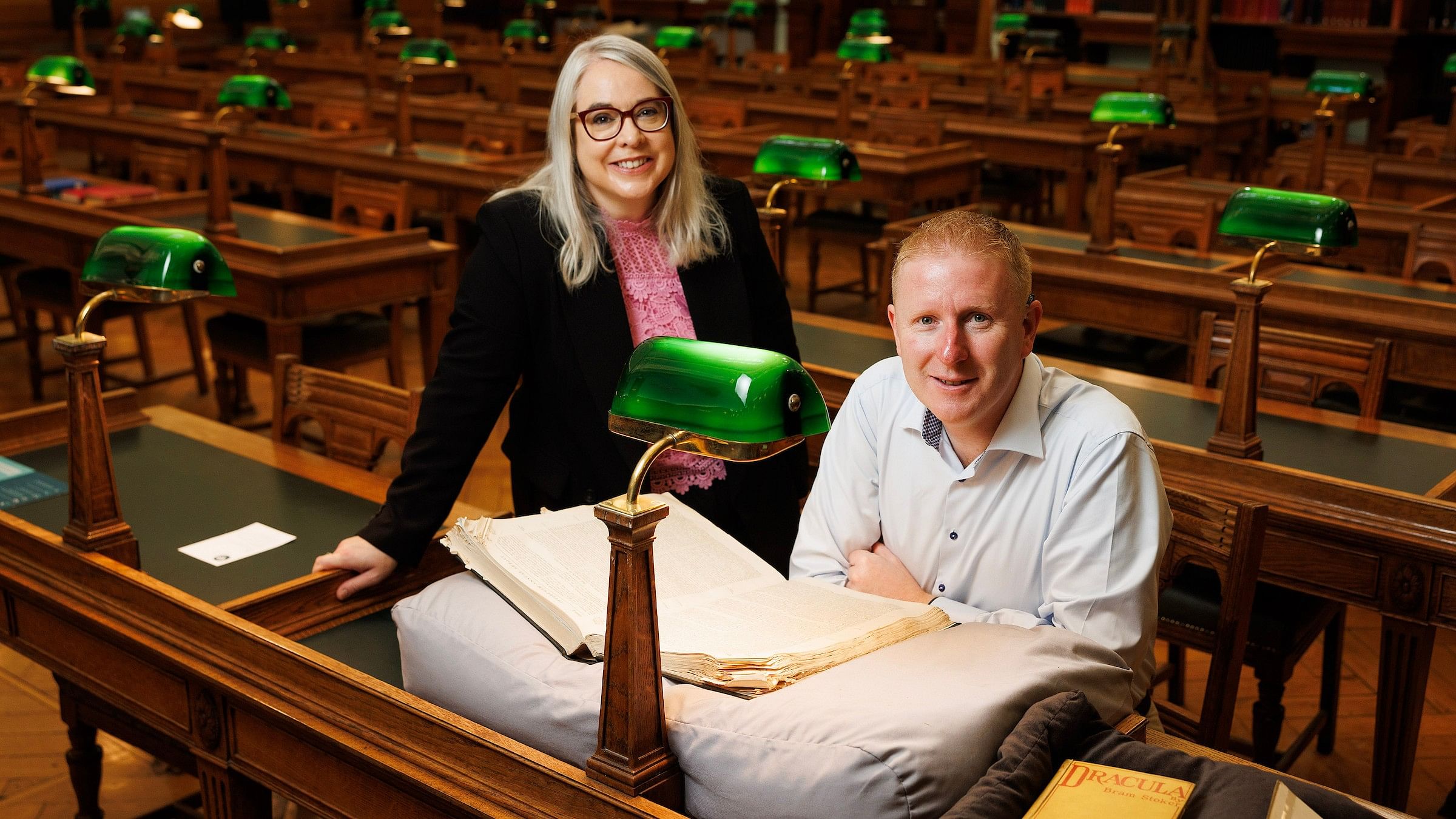 <div class="paragraphs"><p>Bram Stoker fan Brian Cleary (R) at the National Library of Ireland.</p></div>