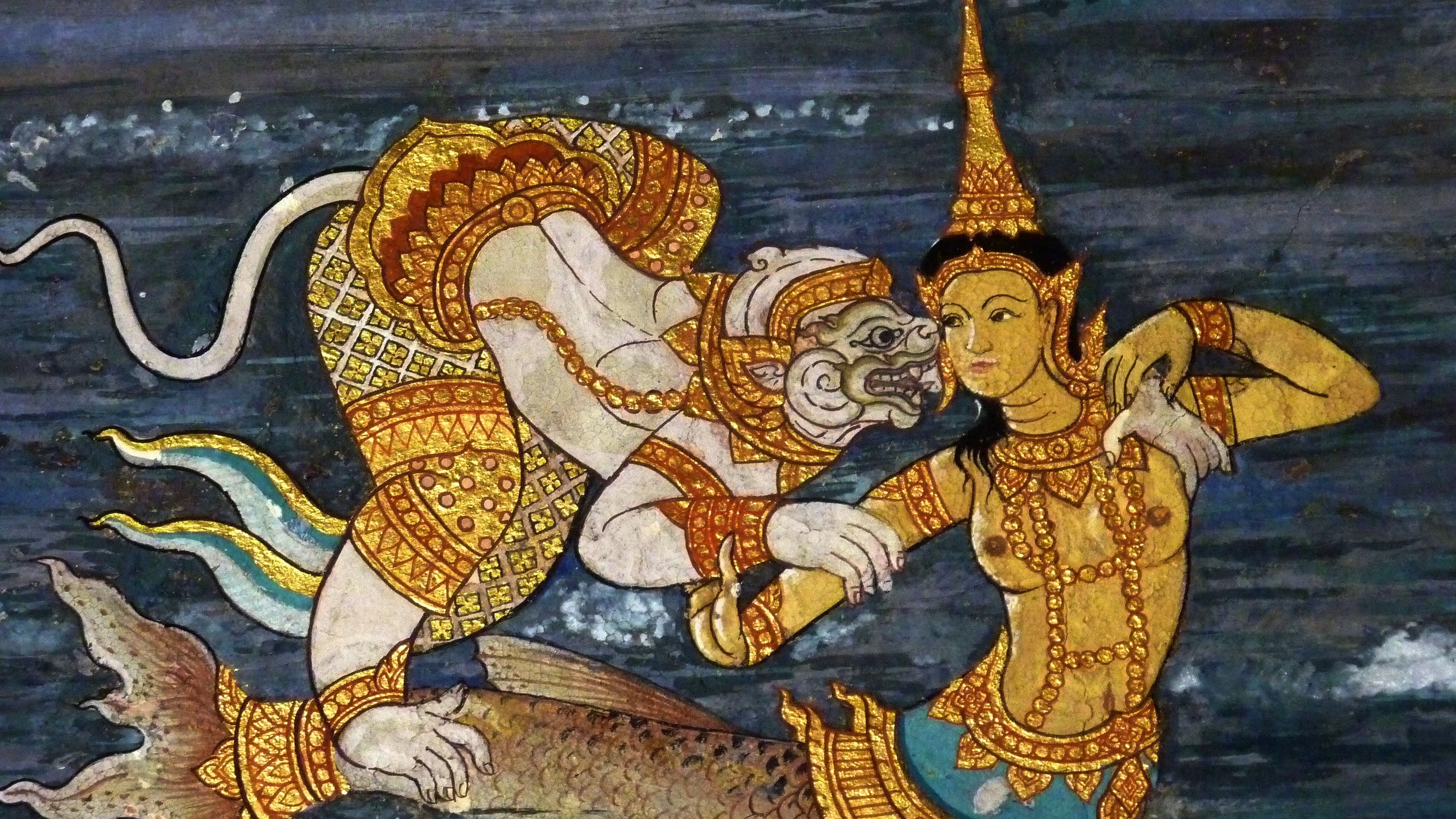 <div class="paragraphs"><p>A mural painting of Suvannamaccha and Hanuman at Wat Phra Kaew, Bangkok. </p></div>