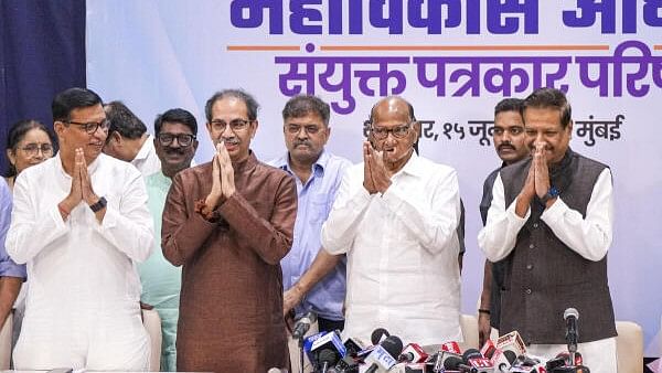 <div class="paragraphs"><p>NCP chief Sharad Pawar, Shiv Sena (UBT) chief Uddhav Thackeray and Congress leaders Balasaheb Thorat and Prithviraj Chavan during a joint press conference, in Mumbai.</p></div>