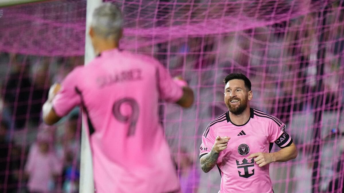 <div class="paragraphs"><p>Inter Miami CF forward Lionel Messi (10) celebrates scoring during the second half against the New England Revolutionat Chase Stadium.</p></div>