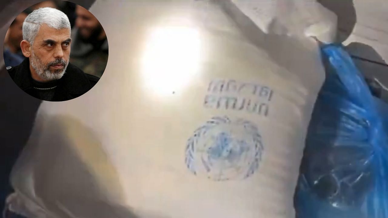 <div class="paragraphs"><p>Screengrab of video purportedly showing Sinwar's bunker where food sack with the UNWRA label can be seen, and the slain Hamas chief is seen in the inset image&nbsp;</p></div>