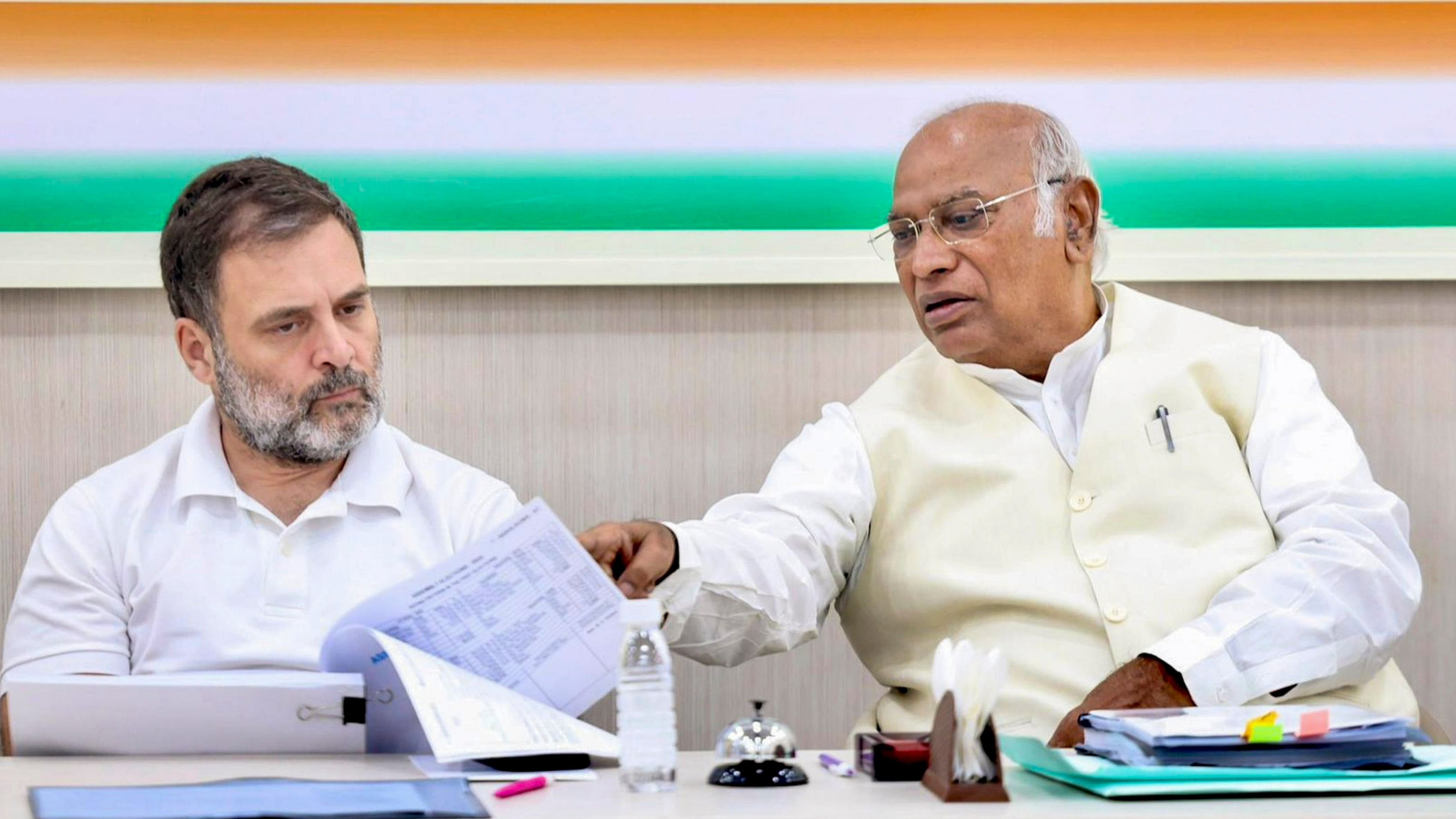 <div class="paragraphs"><p>LoP in Lok Sabha and Congress MP Rahul Gandhi with party President Mallikarjun Kharge during the party's CEC meeting regarding the upcoming Maharashtra Assembly elections, in New Delhi, Monday, Oct 21, 2024. </p></div>