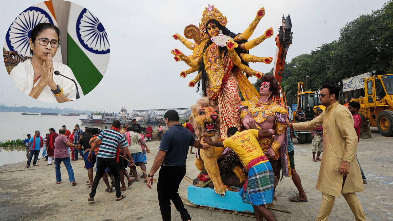 <div class="paragraphs"><p>A Durga idol being taken for immersion. (Inset: West Bengal Chief Minister Mamata Banerjee)</p></div>