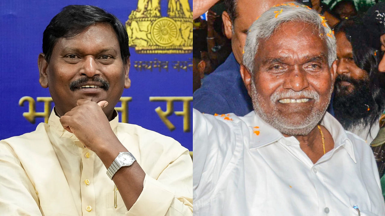 <div class="paragraphs"><p>Former Jharkhand CMs and BJP leaders Arjun Munda and Champai Soren(R).</p></div>