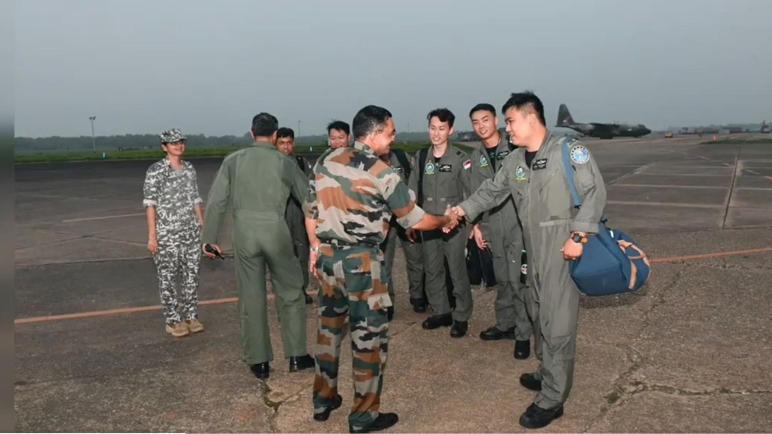 <div class="paragraphs"><p>IAF officers welcome members of the&nbsp;Republic of Singapore Air Force personnel at the&nbsp;Kalaikunda air base.</p></div>