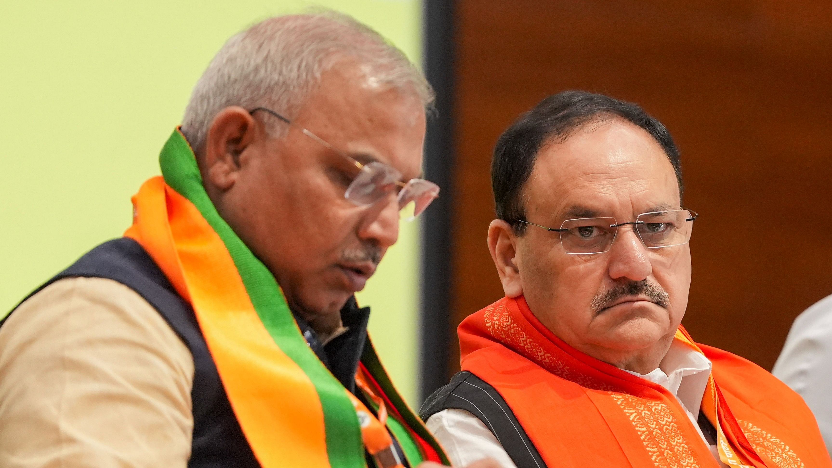 <div class="paragraphs"><p>Union Minister and BJP National President JP Nadda with party National General Secretary (organisation) Shiv Prakash during a party meeting, in New Delhi, Monday.</p></div>