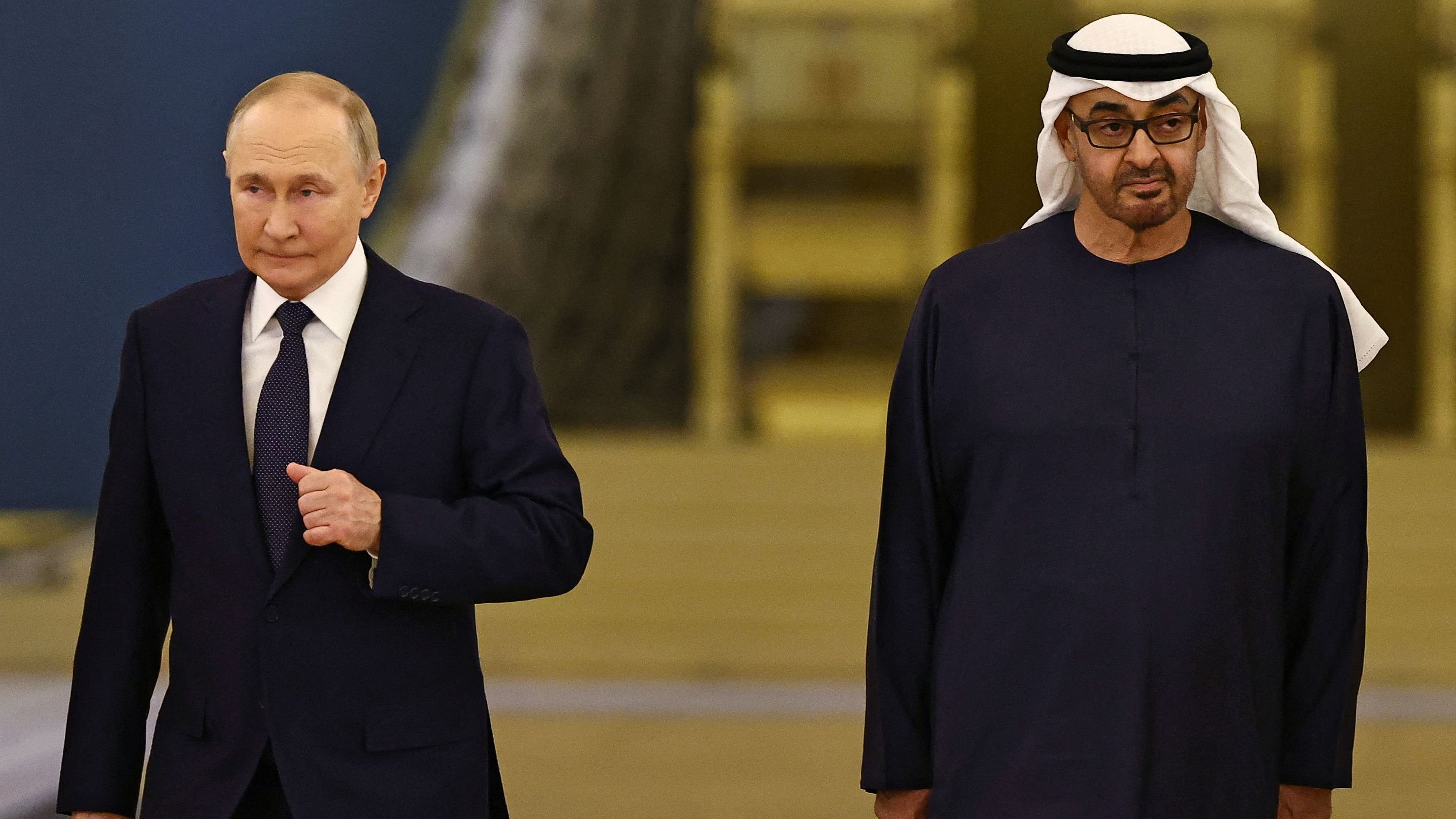 <div class="paragraphs"><p>Russia's President Vladimir Putin (L) and United Arab Emirates' President Sheikh Mohamed bin Zayed Al Nahyan arrive for a meeting at the Kremlin in Moscow, Russia.</p></div>