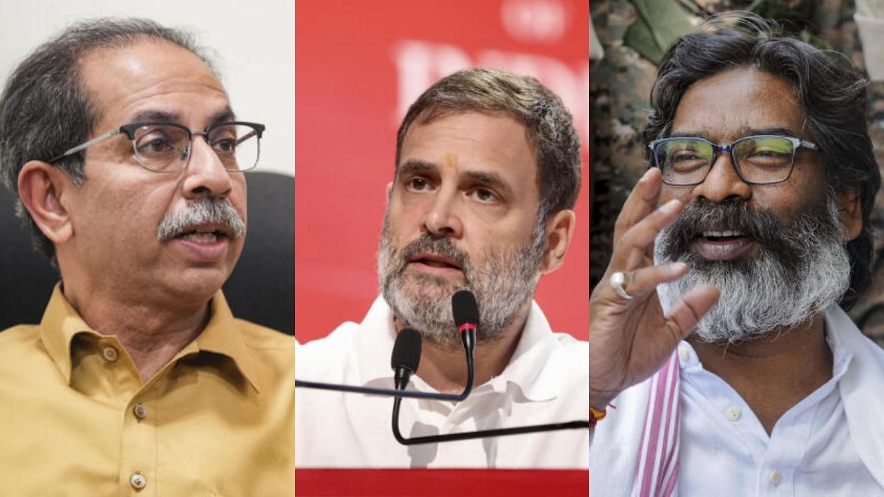 <div class="paragraphs"><p>I.N.D.I.A. members (L-R) Uddhav Thackeray, Rahul Gandhi, Hemant Soren. Thackeray heads the Sena (UBT) which is in alliance with Congress in Maharashtra, as the MVA. Rahul Gandhi was part of the seat-sharing talks in the poll-bound state. Hemant Soren's JMM is in alliance with Congress in Jharkhand.</p></div>