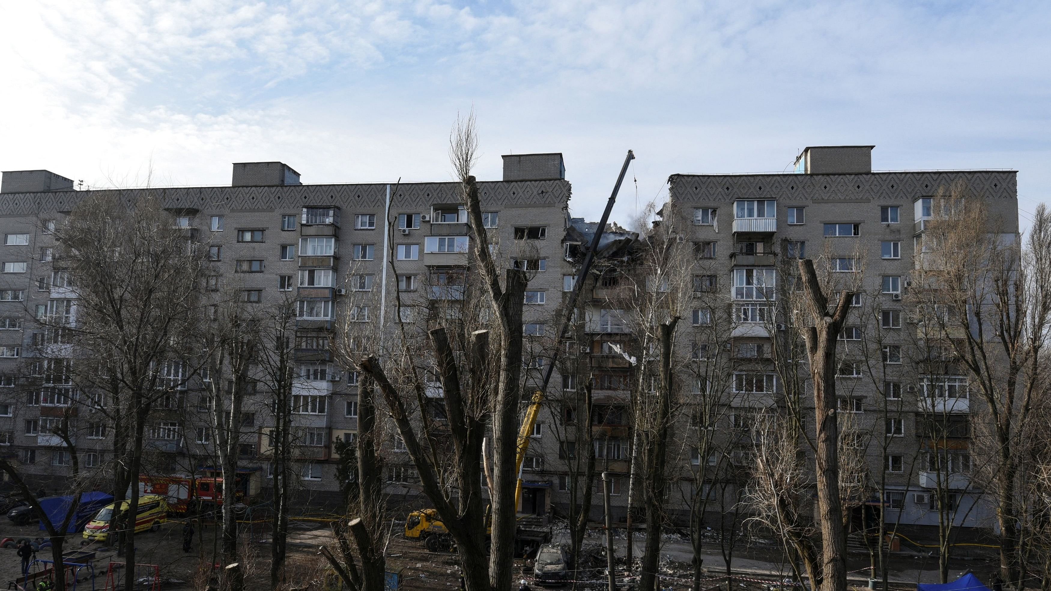 <div class="paragraphs"><p>A view shows an apartment building damaged by a Russian drone strike.</p></div>