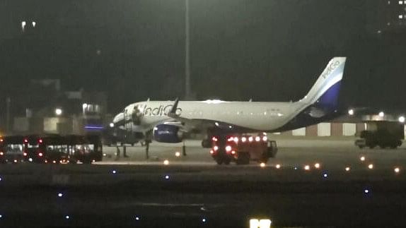 <div class="paragraphs"><p> An Indigo aircraft from Saudi Arabia after it made an emergency landing following a bomb threat at Jaipur airport.</p></div>