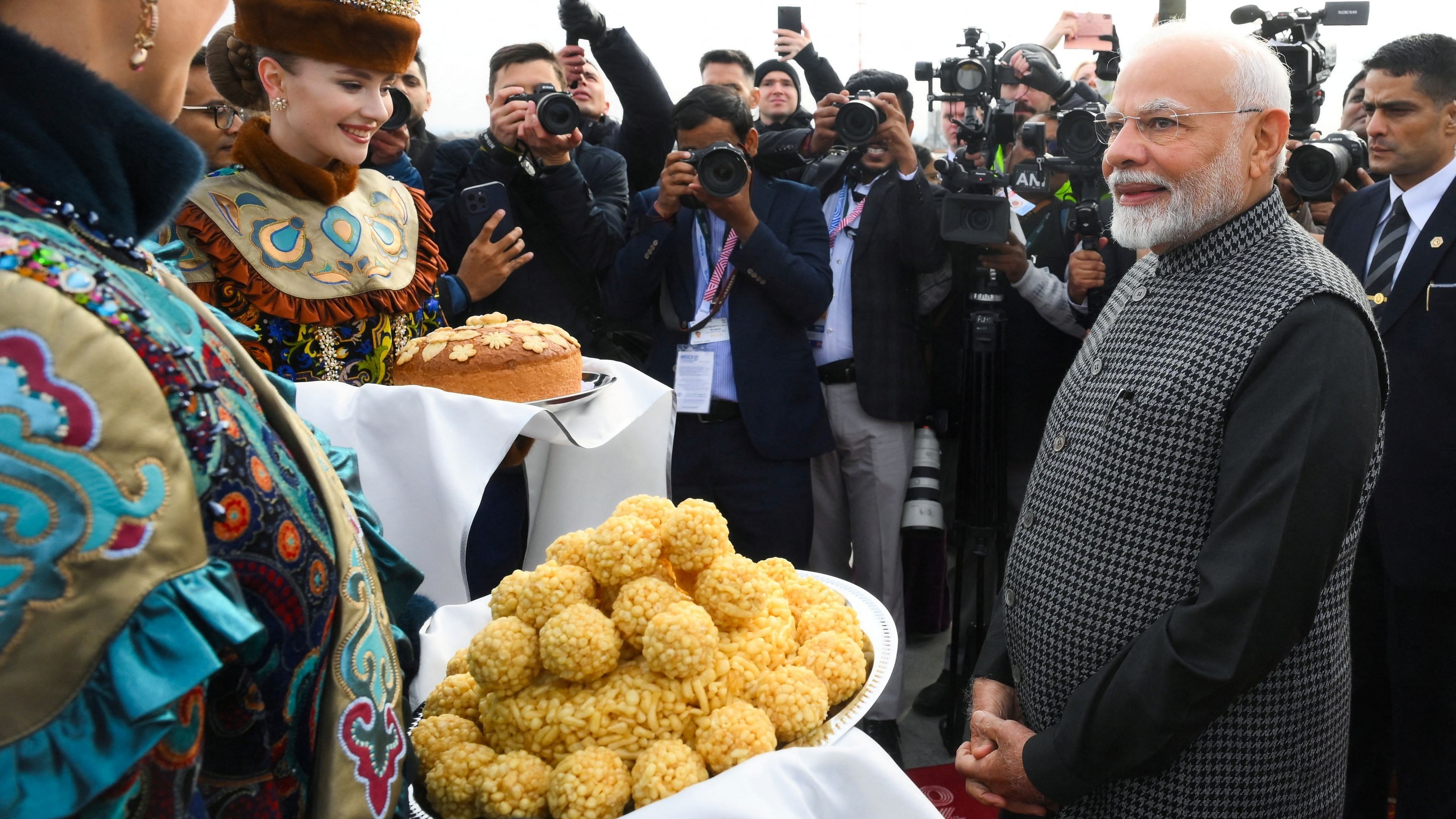 <div class="paragraphs"><p>Prime Minister Narendra Modi attends a welcoming ceremony at Kazan Airport upon his arrival to participate in the BRICS summit, Russia October 22, 2024.</p></div>