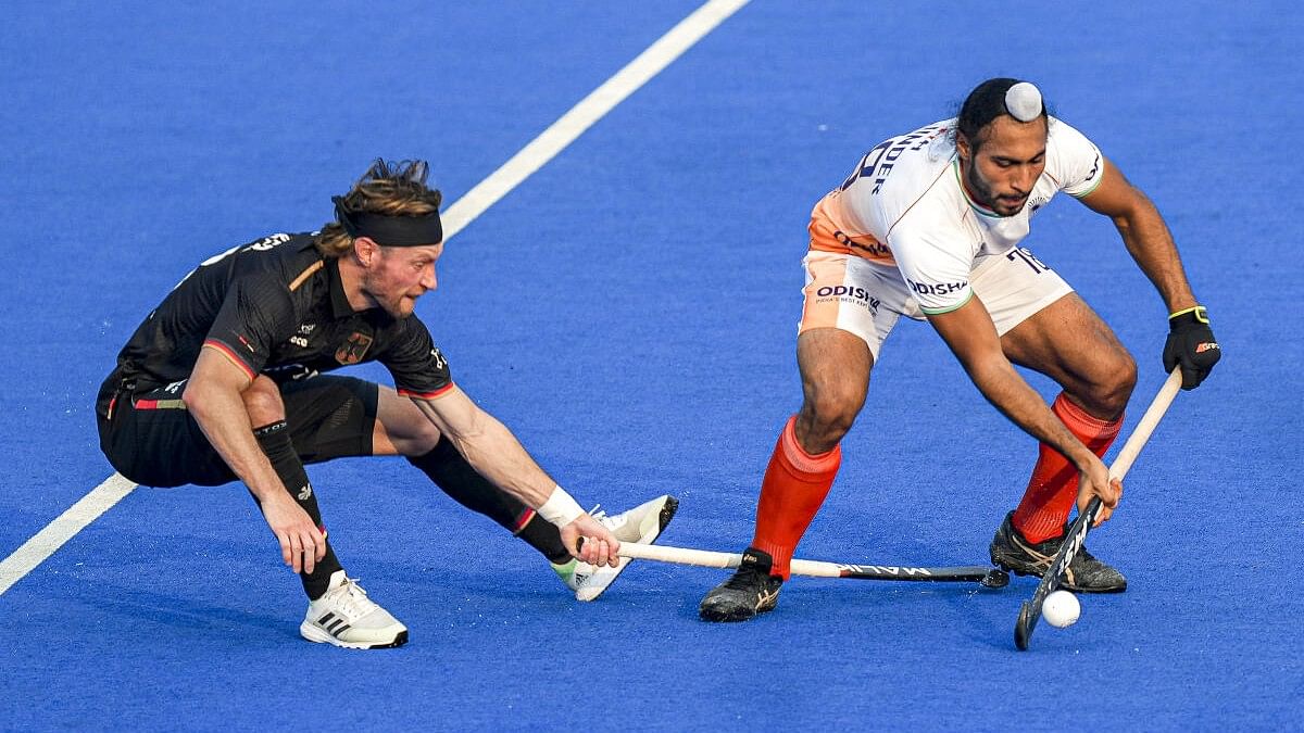 <div class="paragraphs"><p>India's Rajinder Singh (78) vies for the ball during the first men's hockey match of a two-match series between India and Germany, at Major Dhyan Chand National Stadium, in New Delhi, Wednesday, Oct. 23, 2024.</p></div>