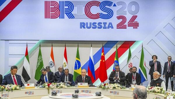 <div class="paragraphs"><p>Prime Minister Narendra Modi with Russia's President Vladimir Putin, China's President Xi Jinping and other world leaders during a plenary session of the 16th BRICS Summit, in Kazan, Russia, Wednesday, Oct. 23, 2024.</p></div>