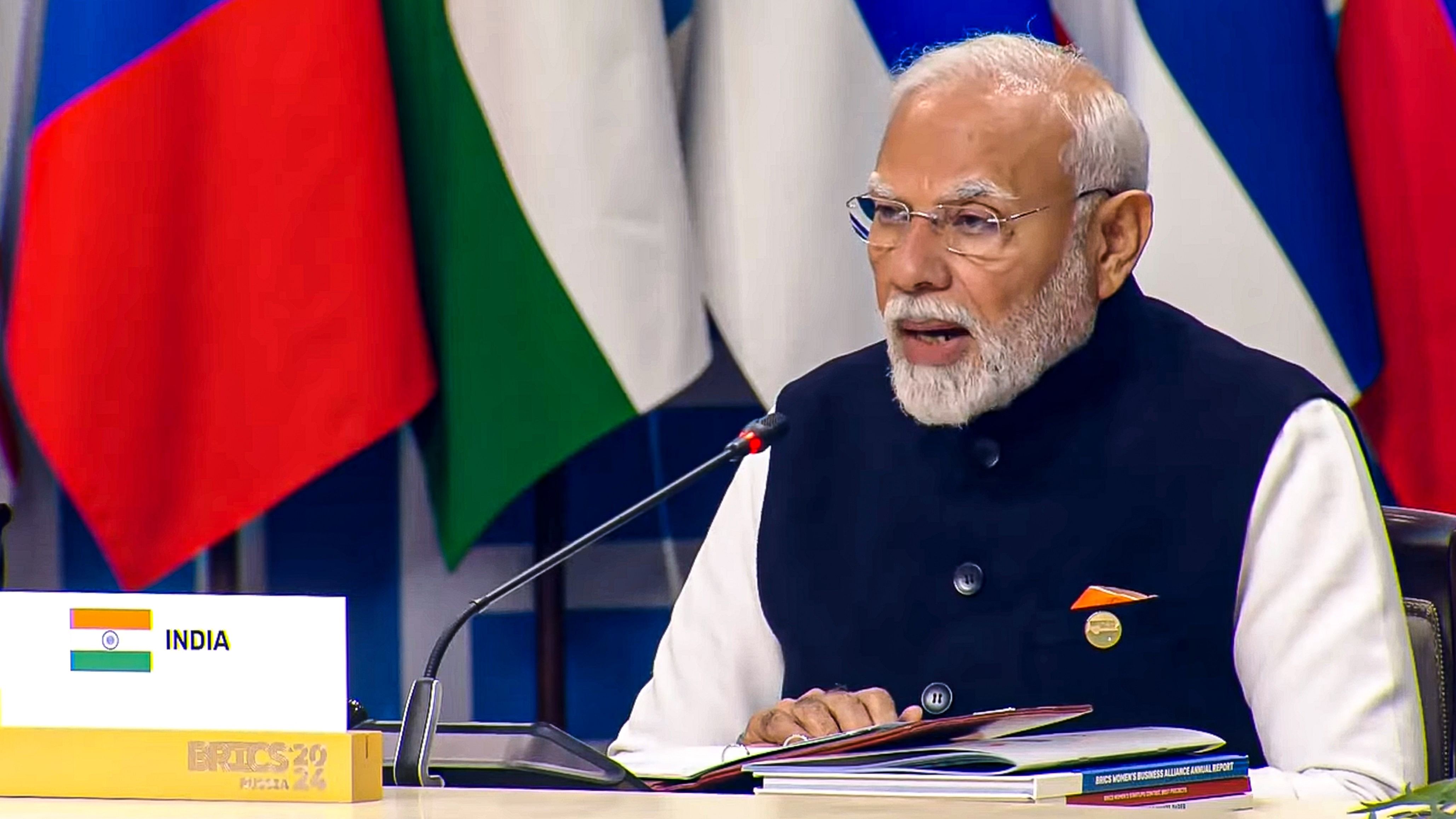 <div class="paragraphs"><p>Prime Minister Narendra Modi speaks during BRICS Leaders' Summit, in Kazan, Russia, Wednesday.</p></div>