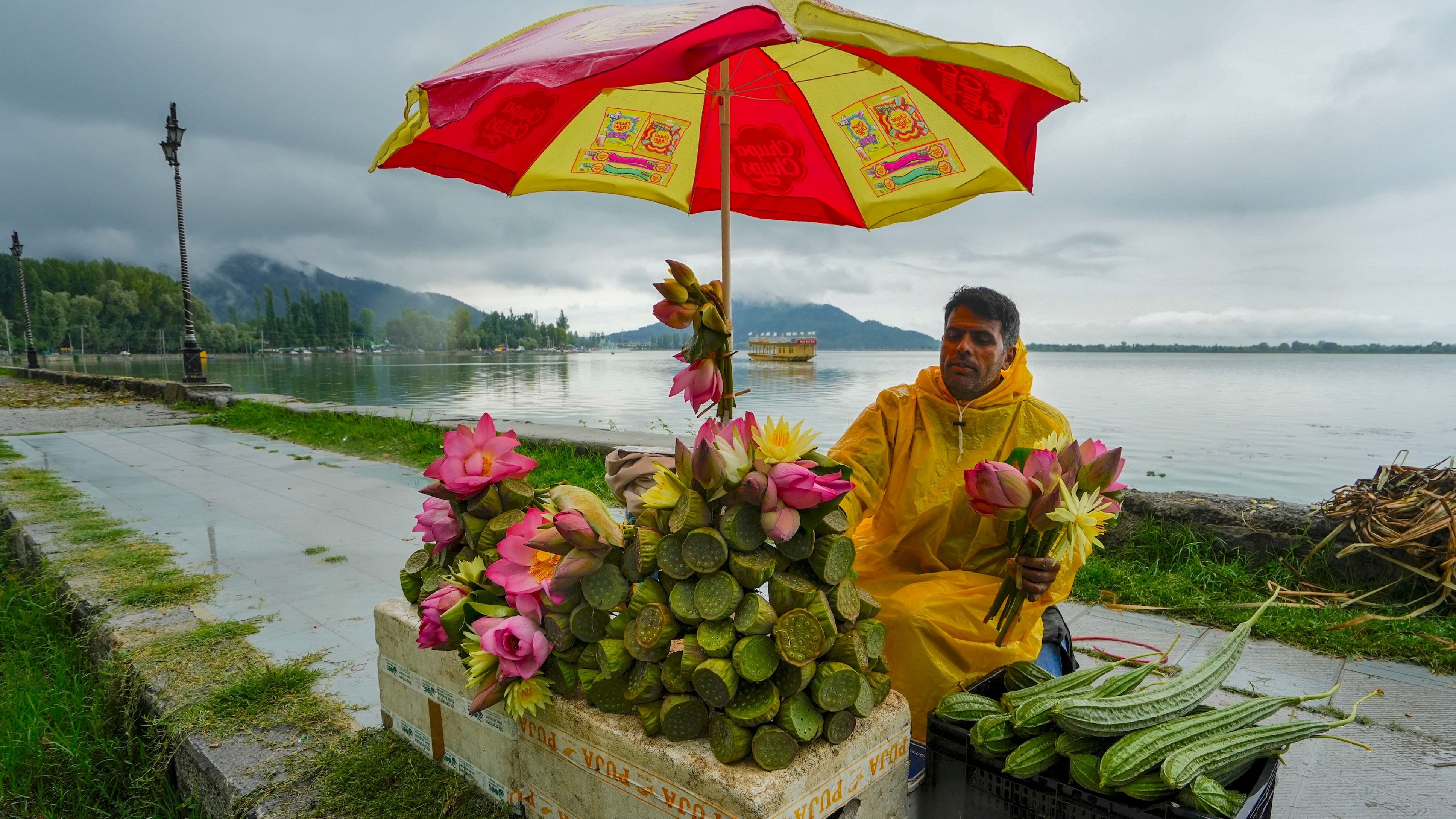 <div class="paragraphs"><p>A vendor sells vegetables and flowers amid rains  </p></div>