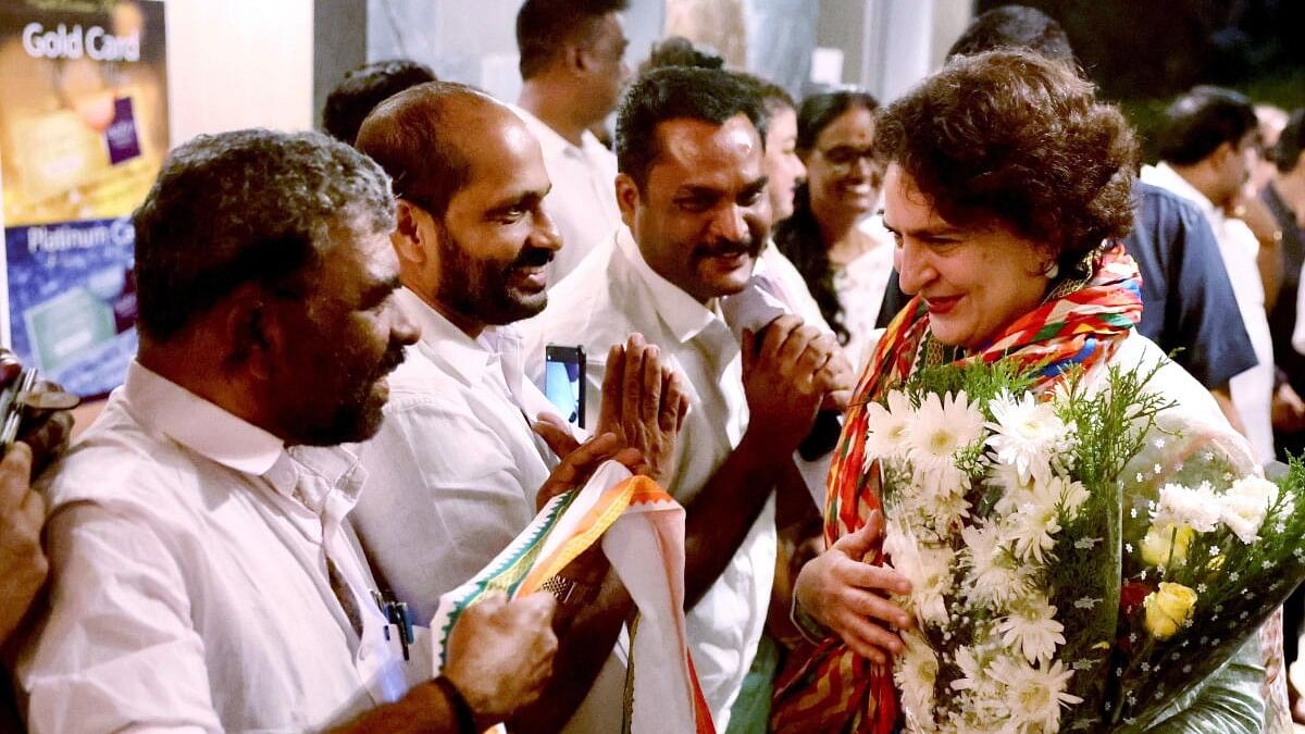 <div class="paragraphs"><p>AICC General Secretary Priyanka Gandhi Vadra being welcomed on her arrival in Sultan Bathery, Kerala, Tuesday, October 22, 2024.</p></div>