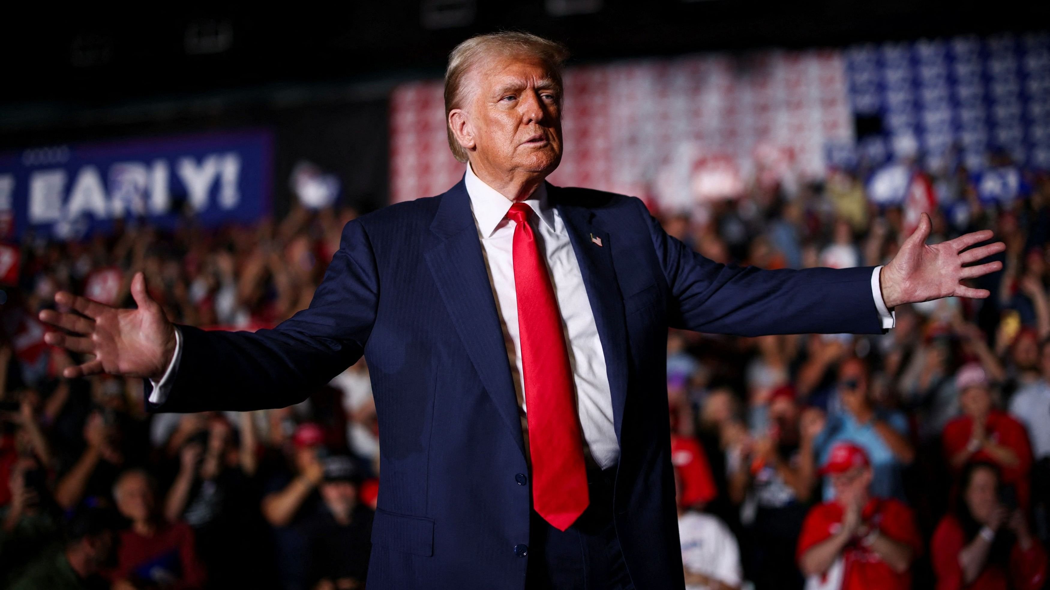 <div class="paragraphs"><p>Republican presidential nominee and former US President Donald Trump reacts during a rally in Greensboro, North Carolina, US, on October 22, 2024.</p></div>