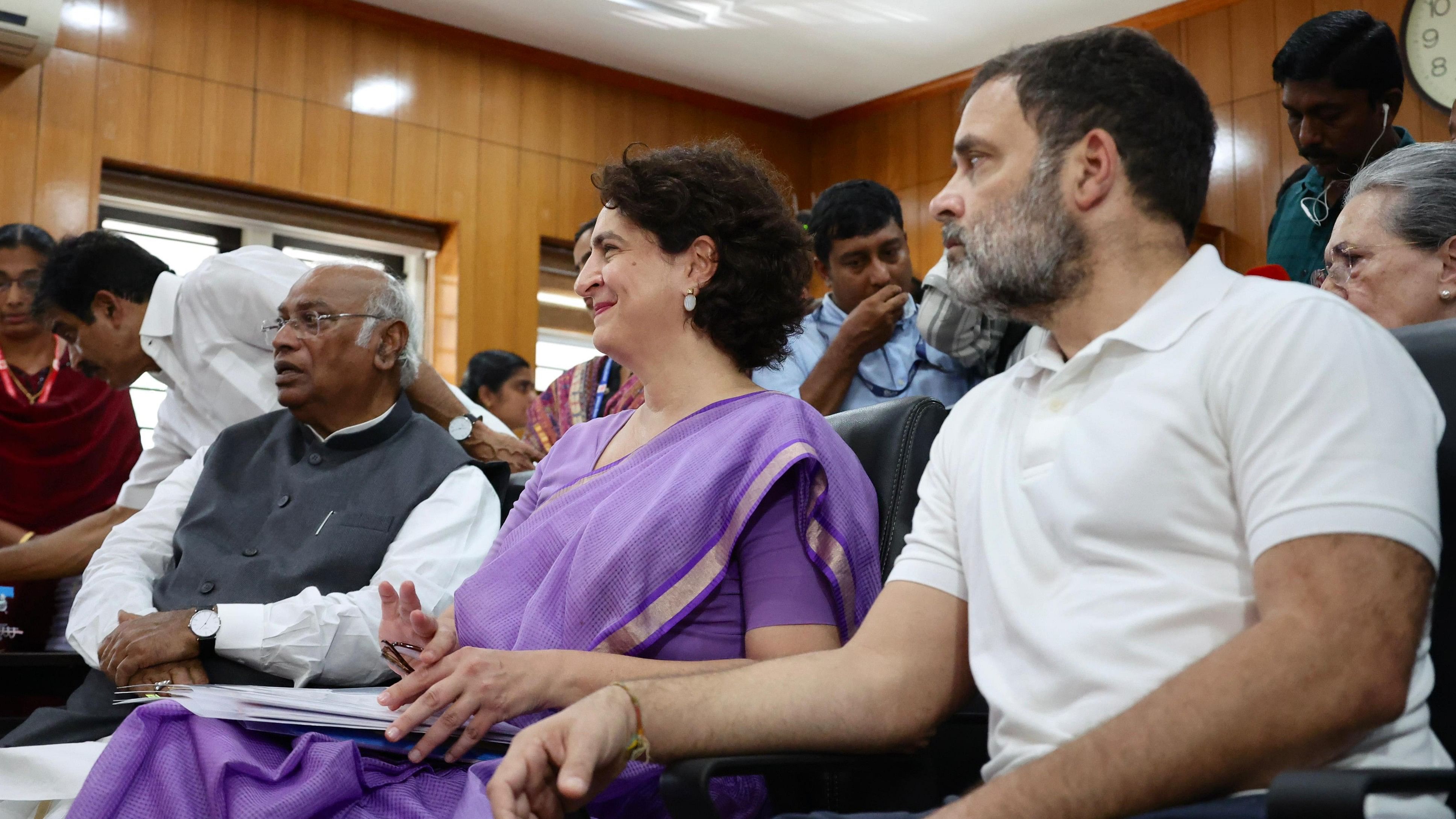 <div class="paragraphs"><p>Priyanka Gandhi, flanked by party chief Mallikarjun Kharge (left) and Rahul Gandhi while filing nomination for Wayanad bypolls.&nbsp;</p></div>