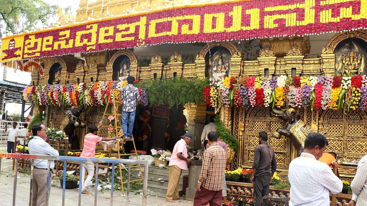 <div class="paragraphs"><p>Hasanamba temple in Hassan decorated with colourful flowers on the eve of the festival.</p></div>