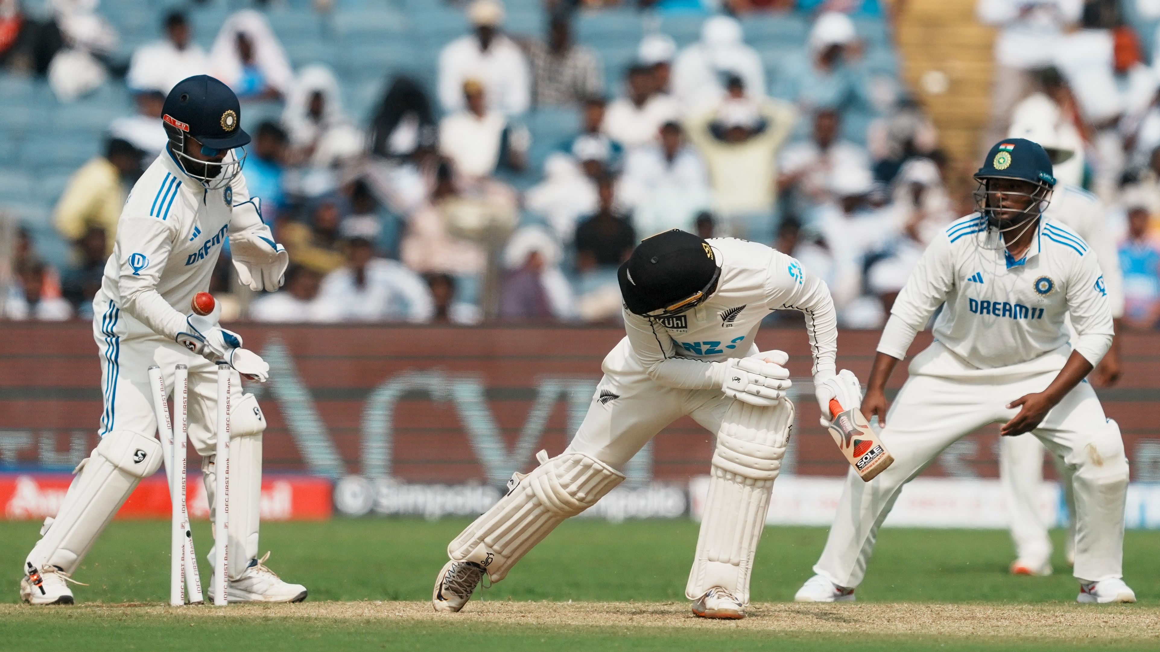 <div class="paragraphs"><p>New Zealand's Tom Blundell being bowled by India's Washington Sundar.</p></div>