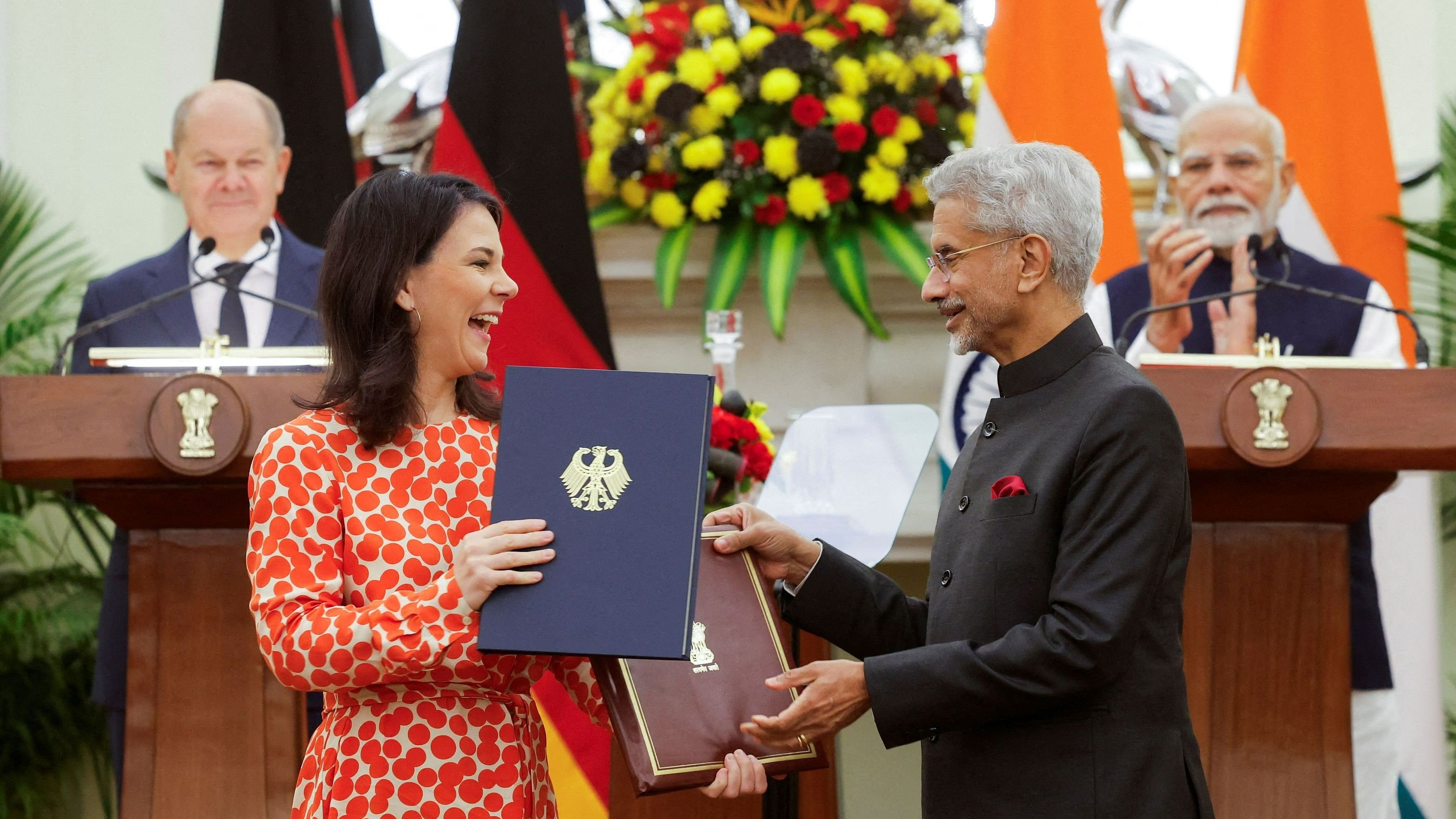 <div class="paragraphs"><p>Germany's Foreign Minister&nbsp;Annalena&nbsp;Baerbock and India's&nbsp;Foreign&nbsp;Minister&nbsp;Subrahmanyam Jaishankar exchange agreements as German Chancellor Olaf Scholz and India's Prime Minister Narendra Modi look on during a joint press conference, at Hyderabad House in New Delhi, India October 25, 2024.</p></div>