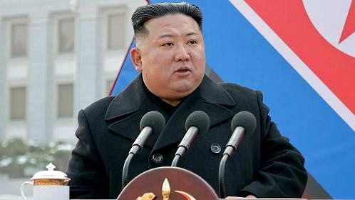 <div class="paragraphs"><p>North Korean leader Kim Jong Un attends a ceremony where the new super-large multiple rocker launchers were presented before a plenary meeting of the ruling Workers' Party of Korea at an undisclosed location.&nbsp;</p></div>