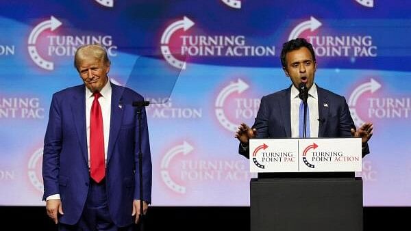 <div class="paragraphs"><p>Republican presidential nominee and former U.S. President Donald Trump and businessman and former Republican presidential candidate Vivek Ramaswamy attend a campaign event sponsored by conservative group Turning Point.&nbsp;</p></div>