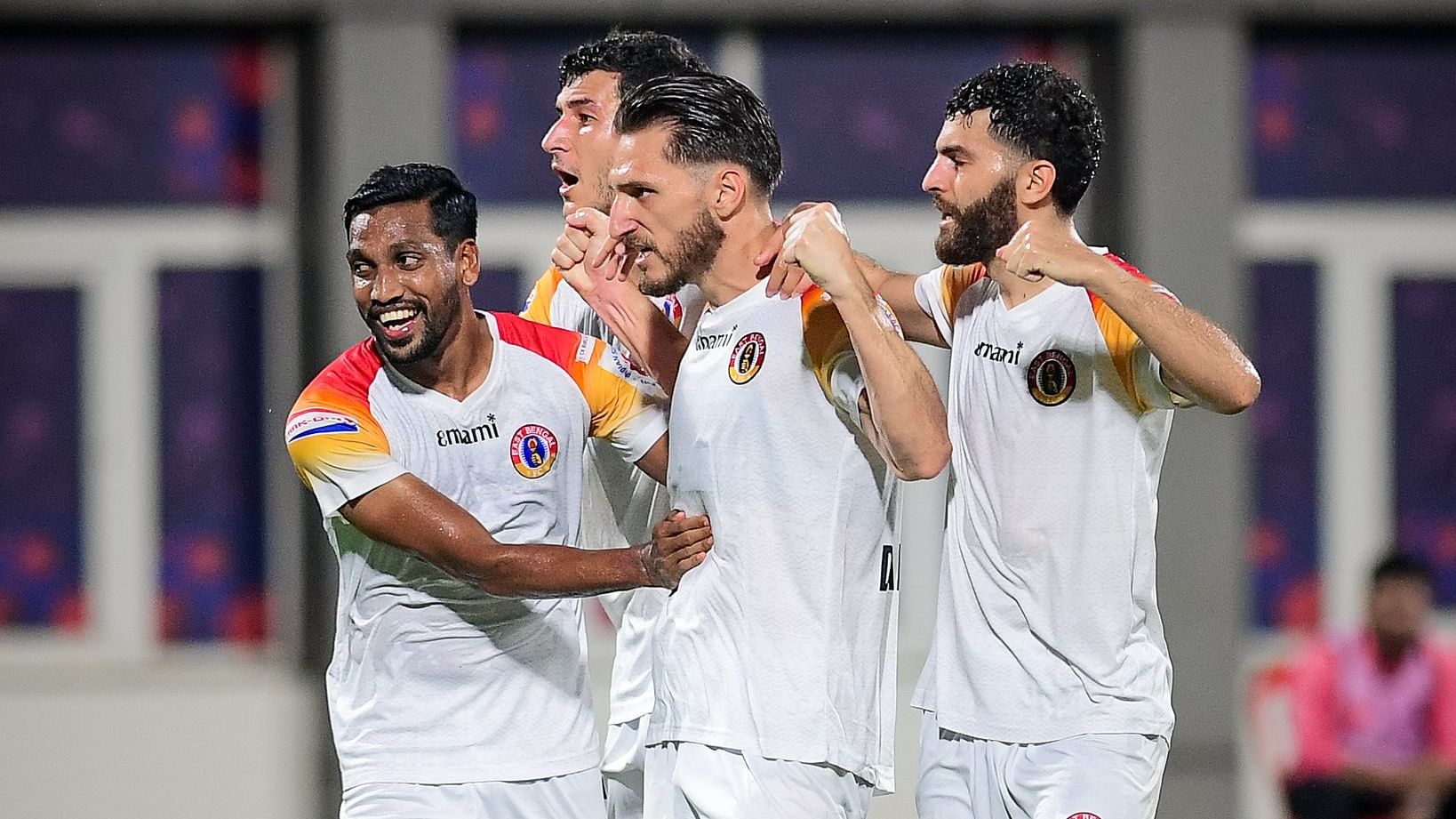 <div class="paragraphs"><p>East Bengal FC players celebrate&nbsp;after scoring a goal during their ISL match against Odisha FC.</p></div>