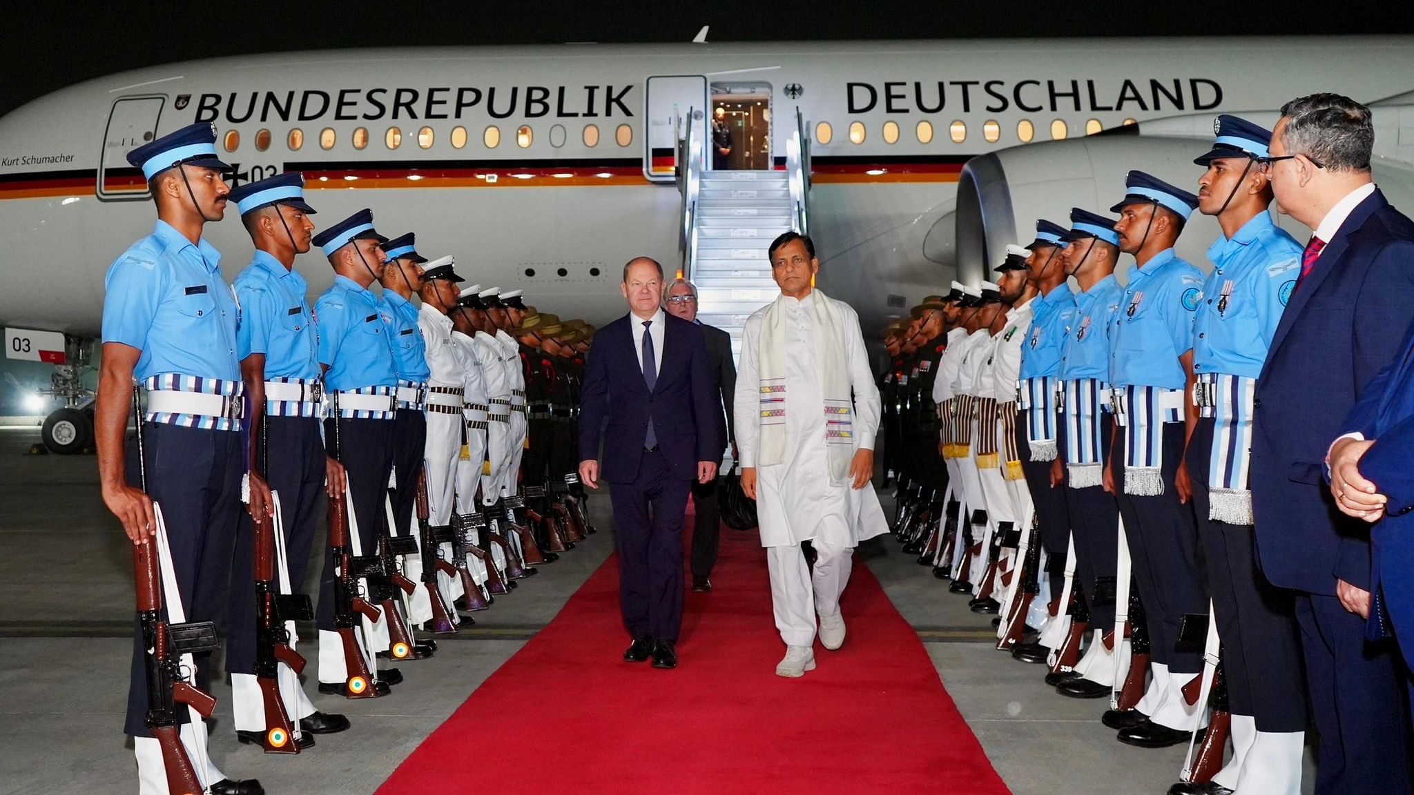 <div class="paragraphs"><p>Scholz arrived in Delhi late on Thursday as part of his three-day official visit to India. He was received by Union Minister of State for Home Affairs Nityanand Rai.</p></div>