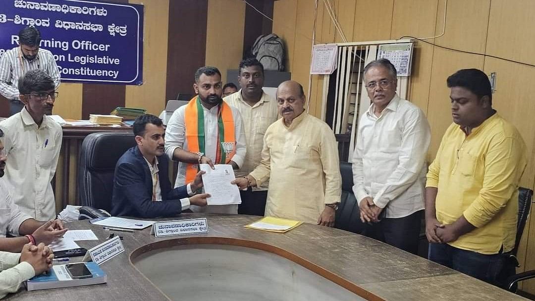 <div class="paragraphs"><p>BJP candidate  Bharath Bommai files his nomination for&nbsp;Shiggaon Assembly bypoll.</p></div>