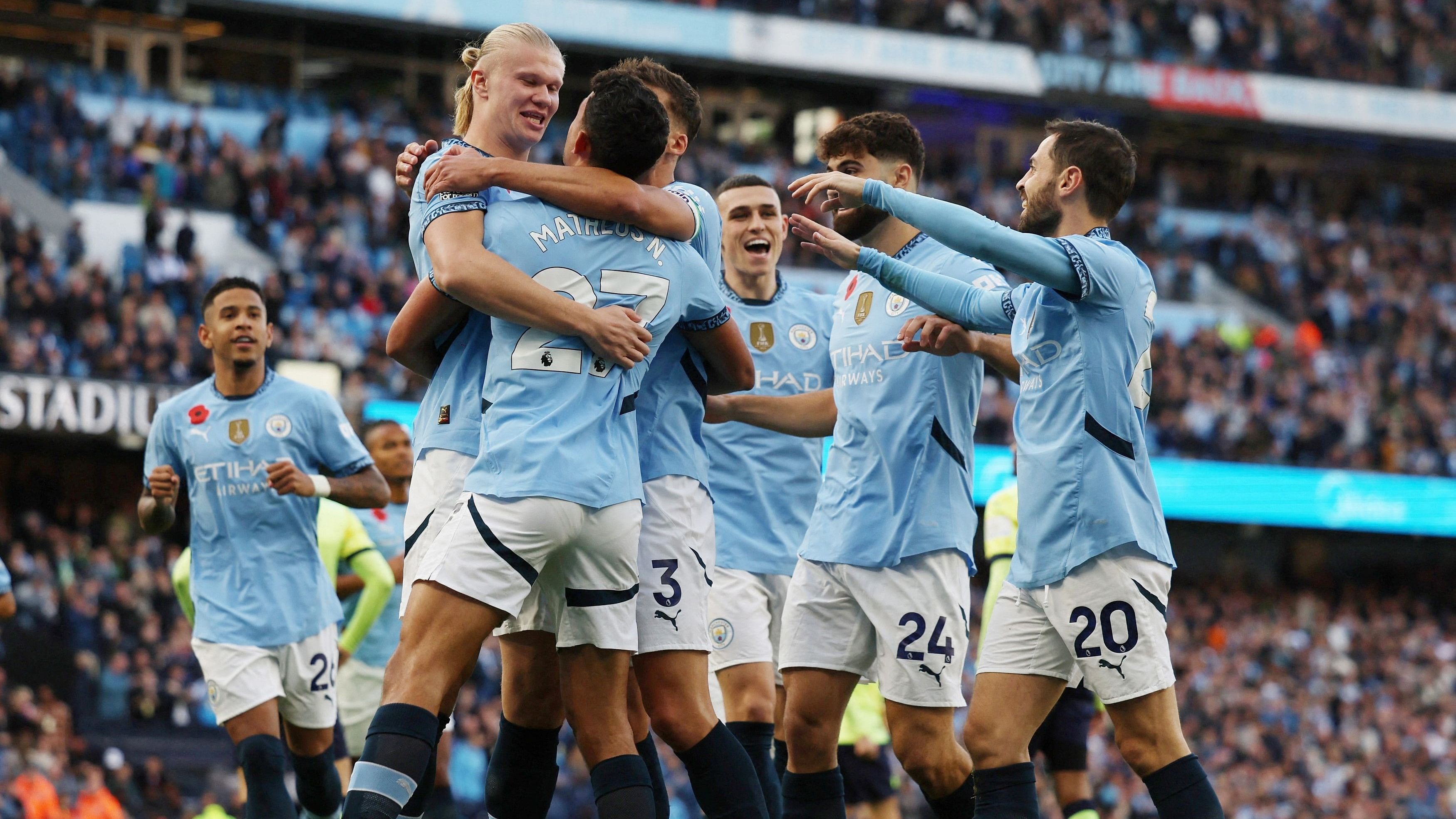 <div class="paragraphs"><p>Manchester City players celebrate Erling Haaland's goal against Southampton, October 26, 2024.</p></div>