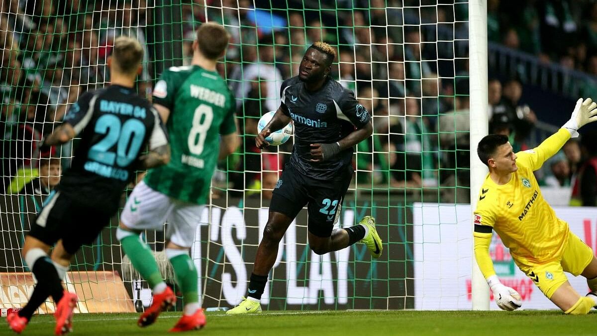 <div class="paragraphs"><p>Bayer Leverkusen's Victor Boniface celebrates scoring their first goal.</p></div>