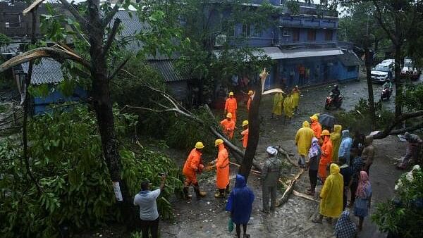 <div class="paragraphs"><p>National Disaster Response Force (NDRF) personnel clear a tree that fell after cyclone Dana made landfall, in Anantpur village, Balasore district, in Odisha.</p></div>