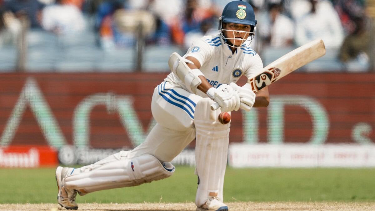 <div class="paragraphs"><p>India's Yashasvi Jaiswal plays a shot on the third day of the second test cricket match between India and New Zealand, at the Maharashtra Cricket Association Stadium, in Pune, Saturday, Oct. 26, 2024. </p></div>