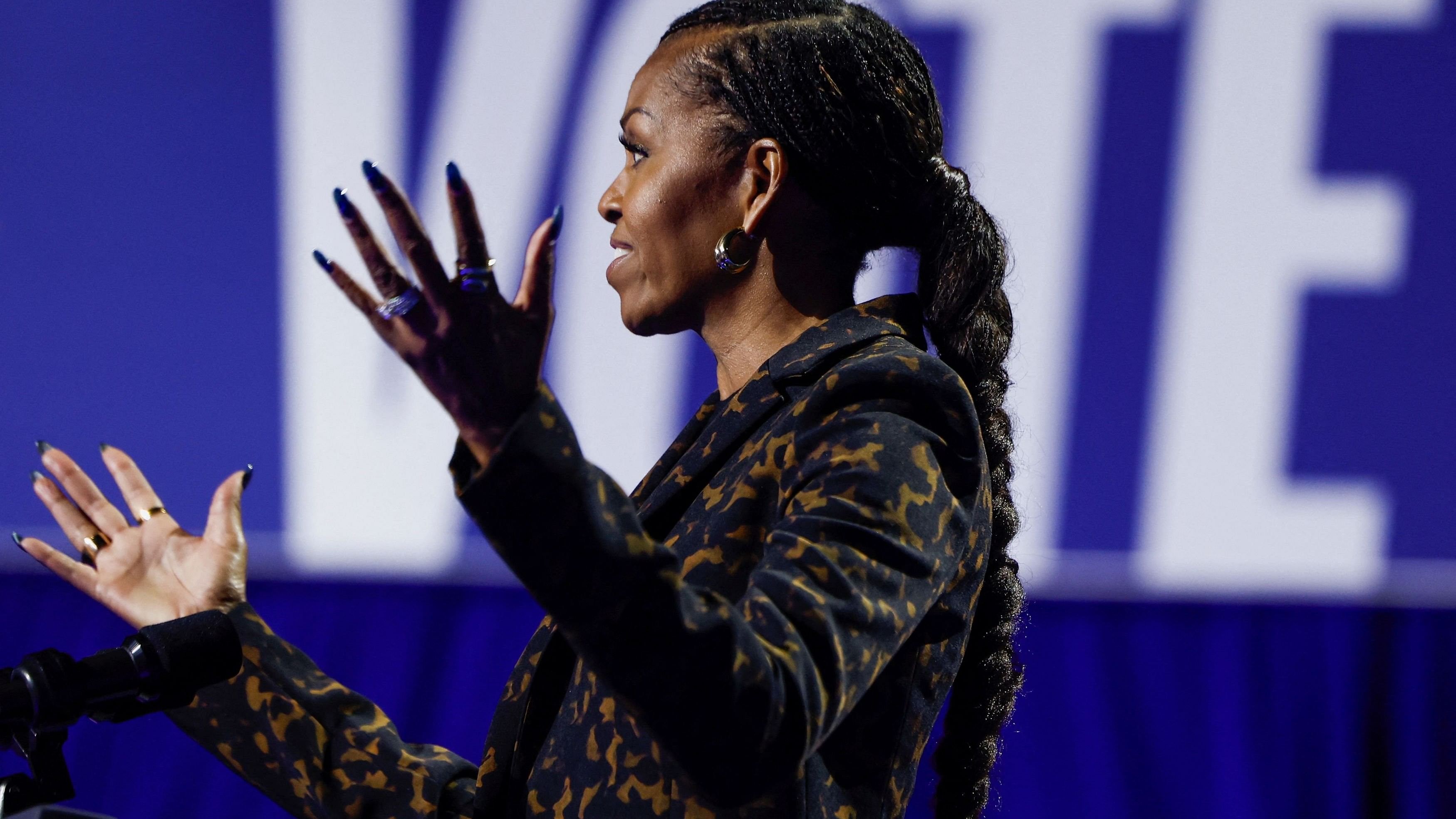 <div class="paragraphs"><p>Former US first lady Michelle Obama speaks during a campaign event for Democratic presidential nominee US&nbsp; Vice President Kamala Harris at Wings Event Center in Kalamazoo, Michigan.&nbsp;</p></div>