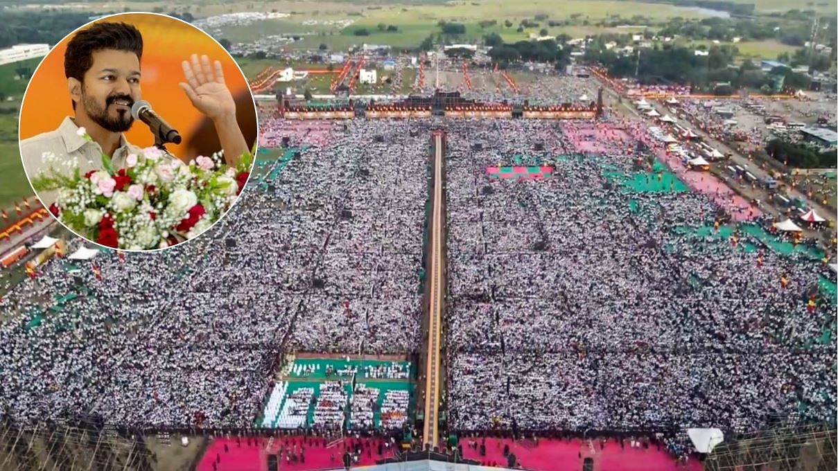 <div class="paragraphs"><p>A drone view of the first state conference of actor Vijay's party Tamilaga Vettri Kazhagam (TVK), in Villupuram district, Tamil Nadu, Sunday, Oct. 27, 2024. Inset: Actor Vijay</p></div>