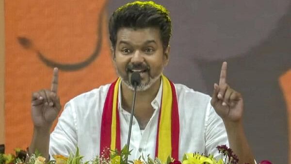 <div class="paragraphs"><p>Actor and founder of Tamilaga Vetri Kazhagam Vijay addresses during his party's first political conference, at Vikravandi in Villupuram district, Sunday, Oct. 27, 2024</p></div>