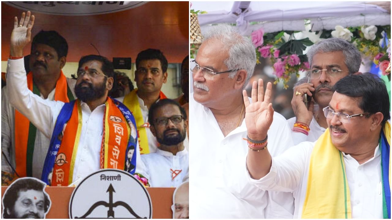 <div class="paragraphs"><p>Maharashtra Chief Minister Eknath Shinde on his way to file nomination (L) and&nbsp;Vijay Wadettiwar with Bhupesh Baghel on Monday.&nbsp;</p></div>