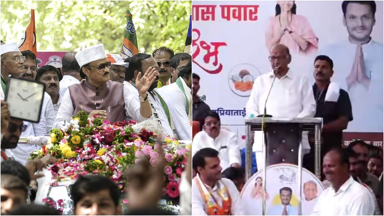 <div class="paragraphs"><p>NCP candidate from Baramati constituency Ajit Pawar during his nomination rally(L), Sharad Pawar in Baramati.&nbsp;</p></div>