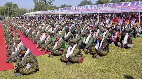 <div class="paragraphs"><p>Cadets of United National Liberation Front (UNLF) during the signing of a peace agreement between Government of Manipur and UNLF, in Imphal.</p></div>