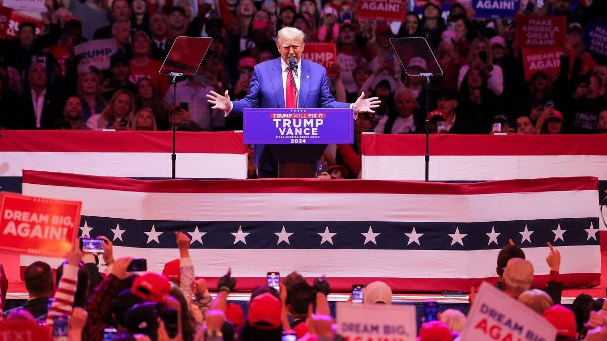 <div class="paragraphs"><p>Republican presidential nominee and former US President Donald Trump speaks on stage during a rally at Madison Square Garden, in New York, US, October 27, 2024.</p></div>