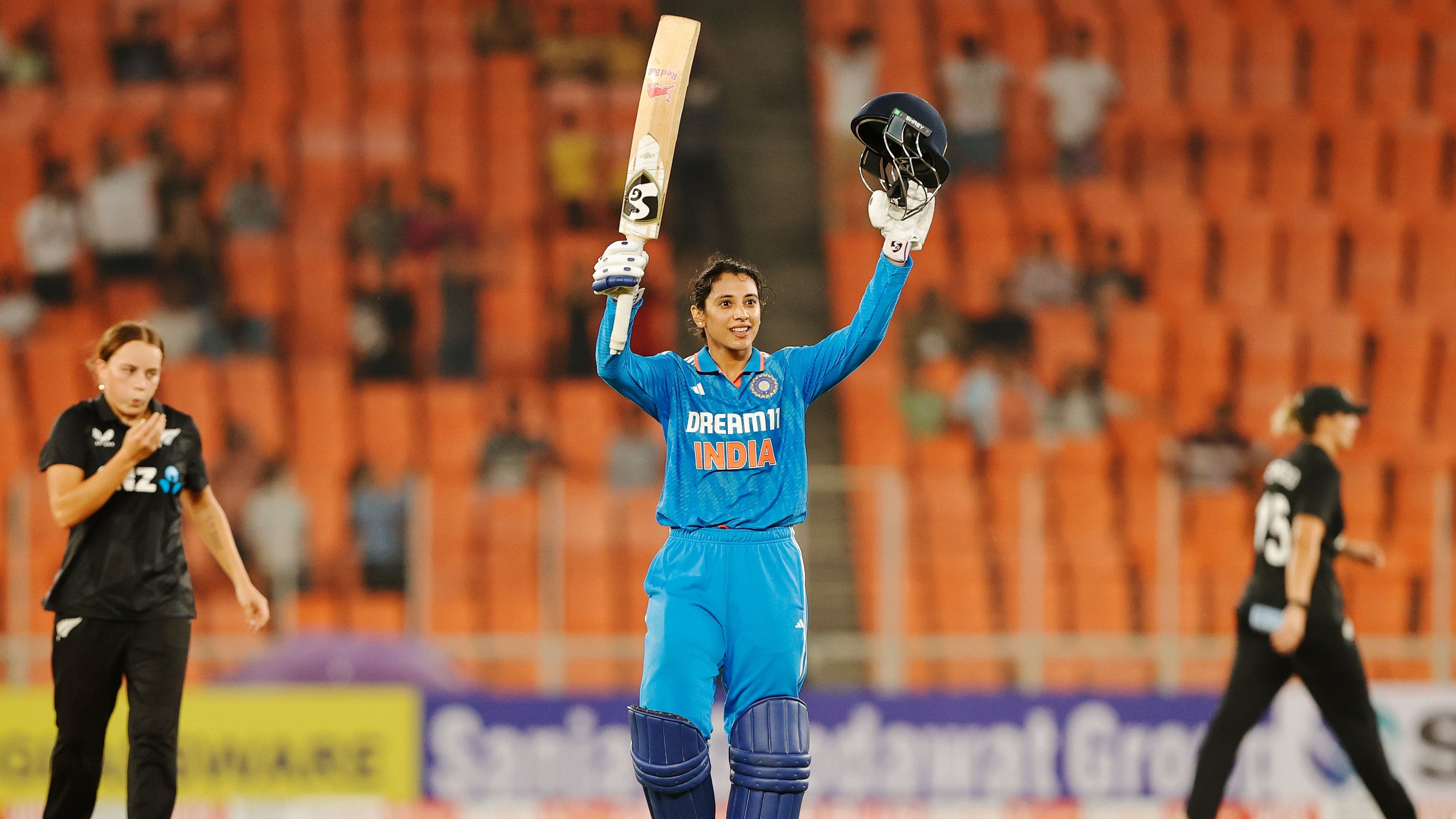 <div class="paragraphs"><p>Smriti Mandhana celebrates after completing her century.&nbsp;</p></div>