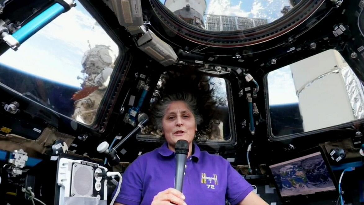 <div class="paragraphs"><p>Sunita "Suni" Williams, a retired U.S. Navy officer &amp; NASA astronaut, speaks about Diwali via video from the International Space Station, at a reception celebrating Diwali hosted by President Joe Biden, in the East Room of the White House in Washington, Monday, Oct. 28, 2024.</p></div>