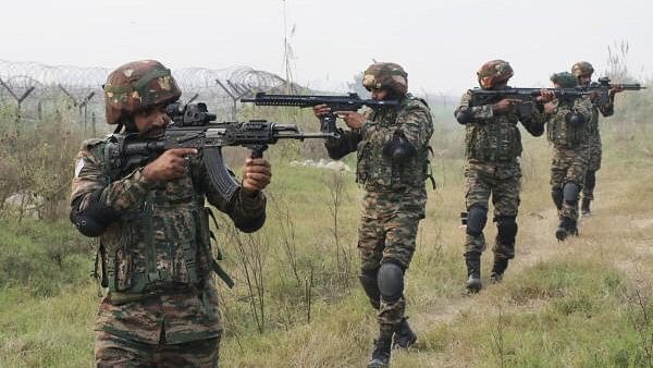 <div class="paragraphs"><p>Army personnel patrol near the Line of Control (LOC) following a terrorist attack on an army convoy, at Akhnoor sector in Jammu, Monday.&nbsp;</p></div>