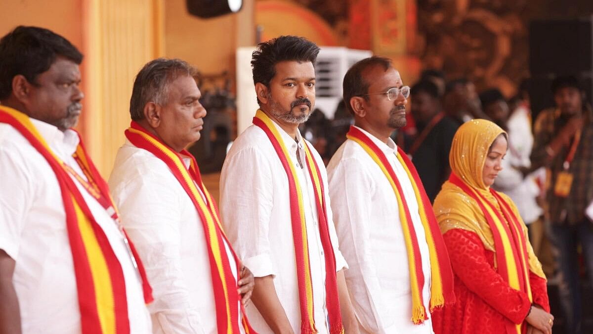 <div class="paragraphs"><p>Actor and founder of Tamilaga Vetri Kazhagam Vijay during his pary's first political conference, at Vikravandi in Villupuram district, Sunday, Oct. 27, 2024.</p></div>