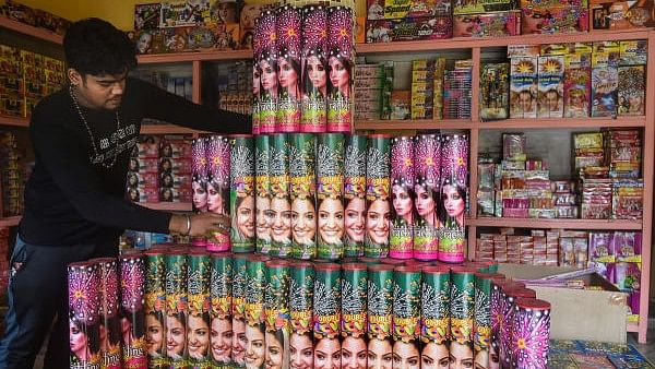 <div class="paragraphs"><p>A shopkeeper displays the boxes of firecrackers at his shop in a Bengal village. (Representative image)</p></div>