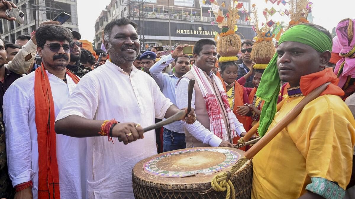 <div class="paragraphs"><p>Jharkhand BJP candidate from Chandankiyari constituency, Amar Kumar Bouri during a rally before filing nomination paper for Jharkhand Assembly elections, in Bokaro district, Monday, Oct. 28, 2024.</p></div>