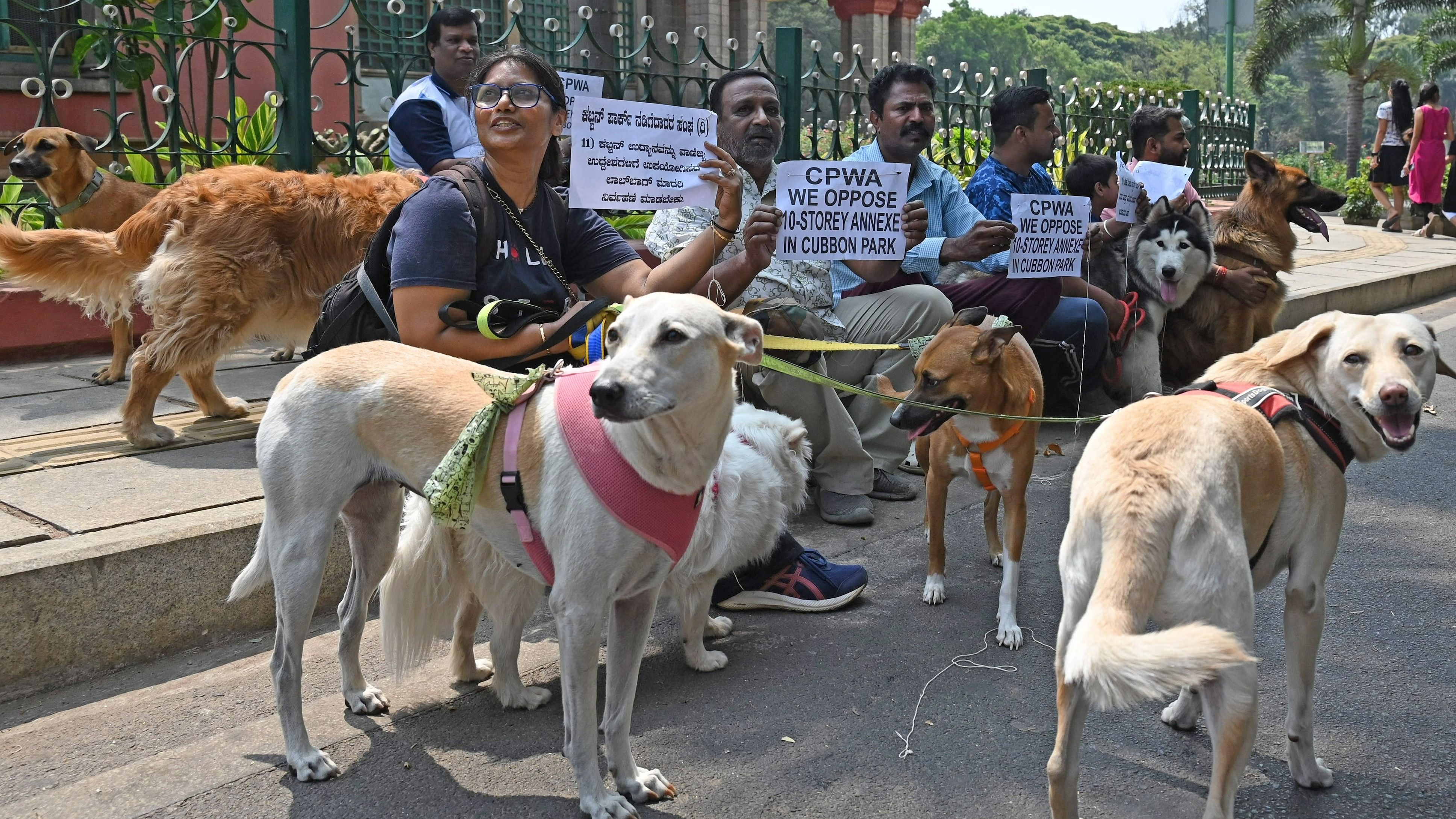 <div class="paragraphs"><p>Cubbon Park Walkers’ Association (CPWA) protest with pet dogs against the proposed construction of a 10 storey building as an annexe to the high court, within the Cubbon Park premises in Bengaluru on Sunday, March 10, 2024. </p></div>